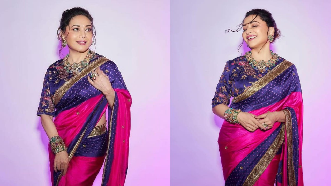 Madhuri Dixit's latest look in color-blocked saree sets Nisha vibe from Hum Aapke Hain Koun; the OG queen