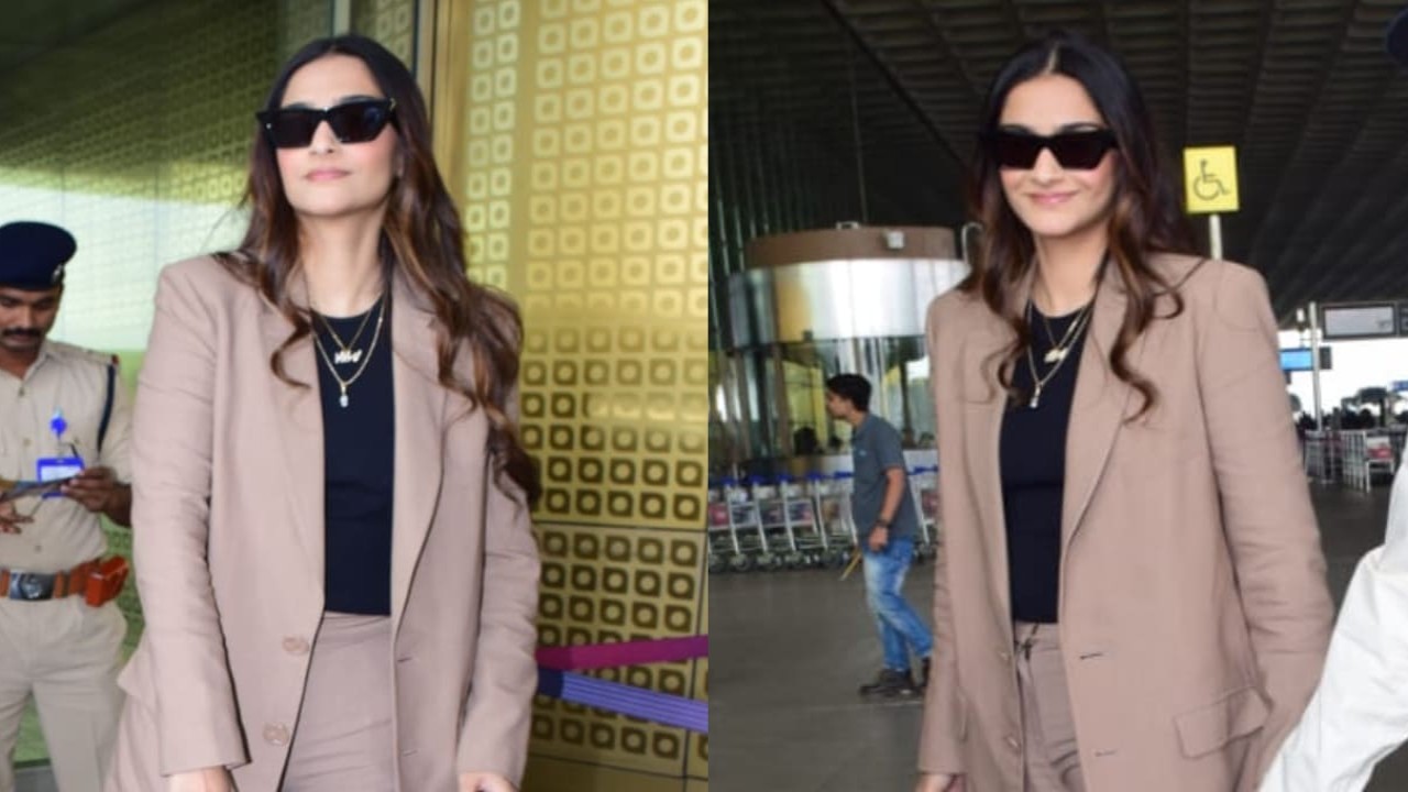 Sonam Kapoor shows her airport fashion finesse in a beige-hued longline blazer set and luxurious Hermes Birkin bag