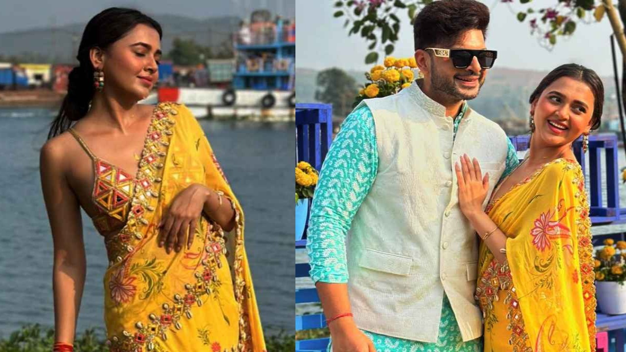 Tejasswi Prakash’s Bridal Vibes in Yellow Cowrie Shell Saree with Sexy Blouse