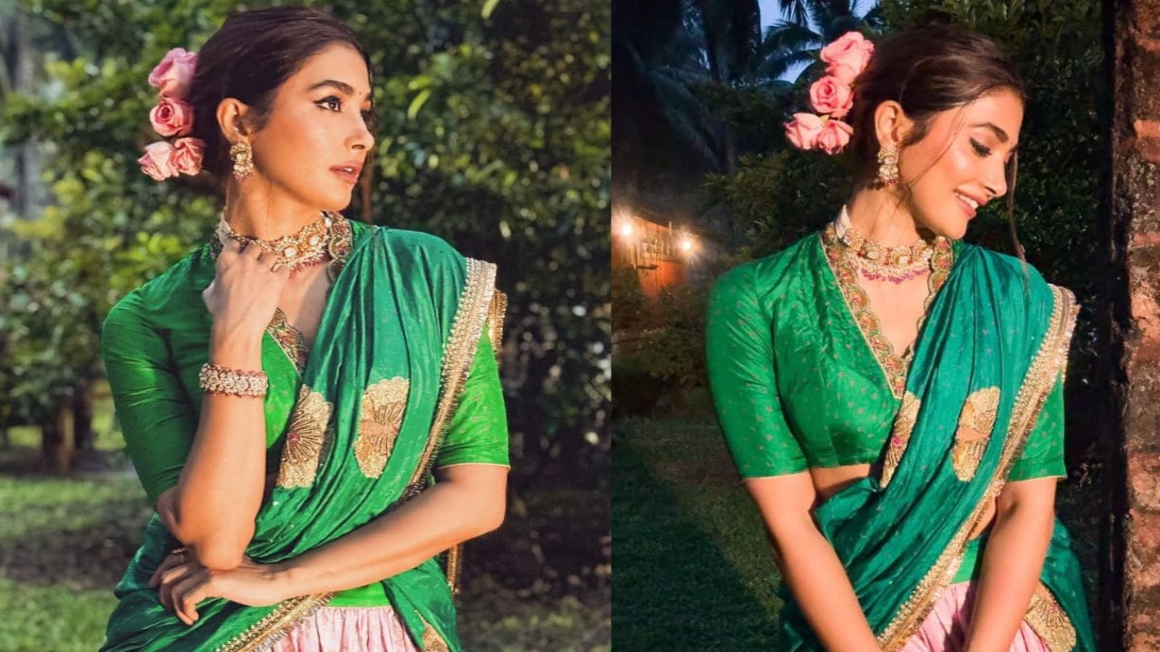 Pooja Hegde pulls off an elegant half-saree look which reminds us of Deepika Padukone as 'Meenamma'