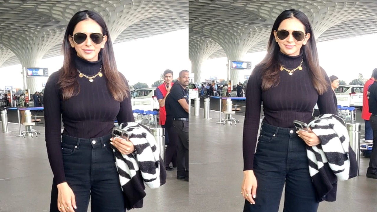 Rakul Preet Singh gives her all-black airport fit sporty twist with edgy and luxe Valentino sneakers