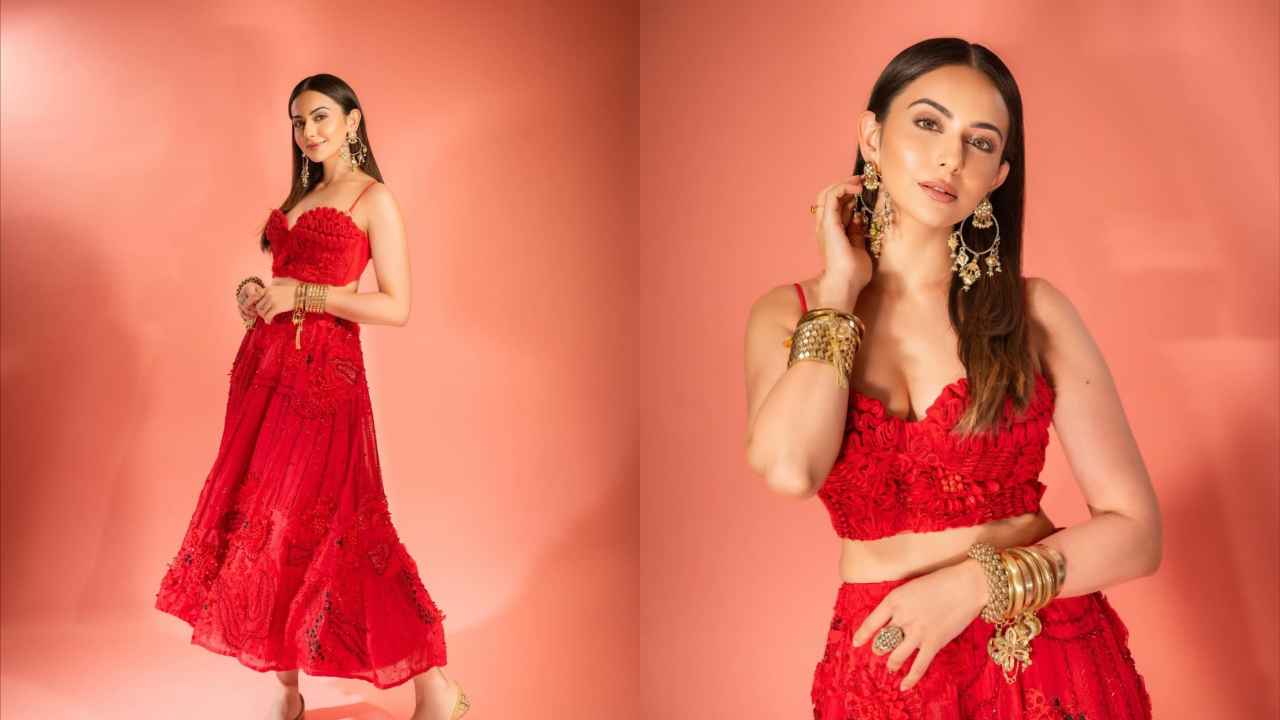 Rakul Preet Singh's Valentine's Day Special Outfit Look with Ruffled Bustier and Embellished Skirt