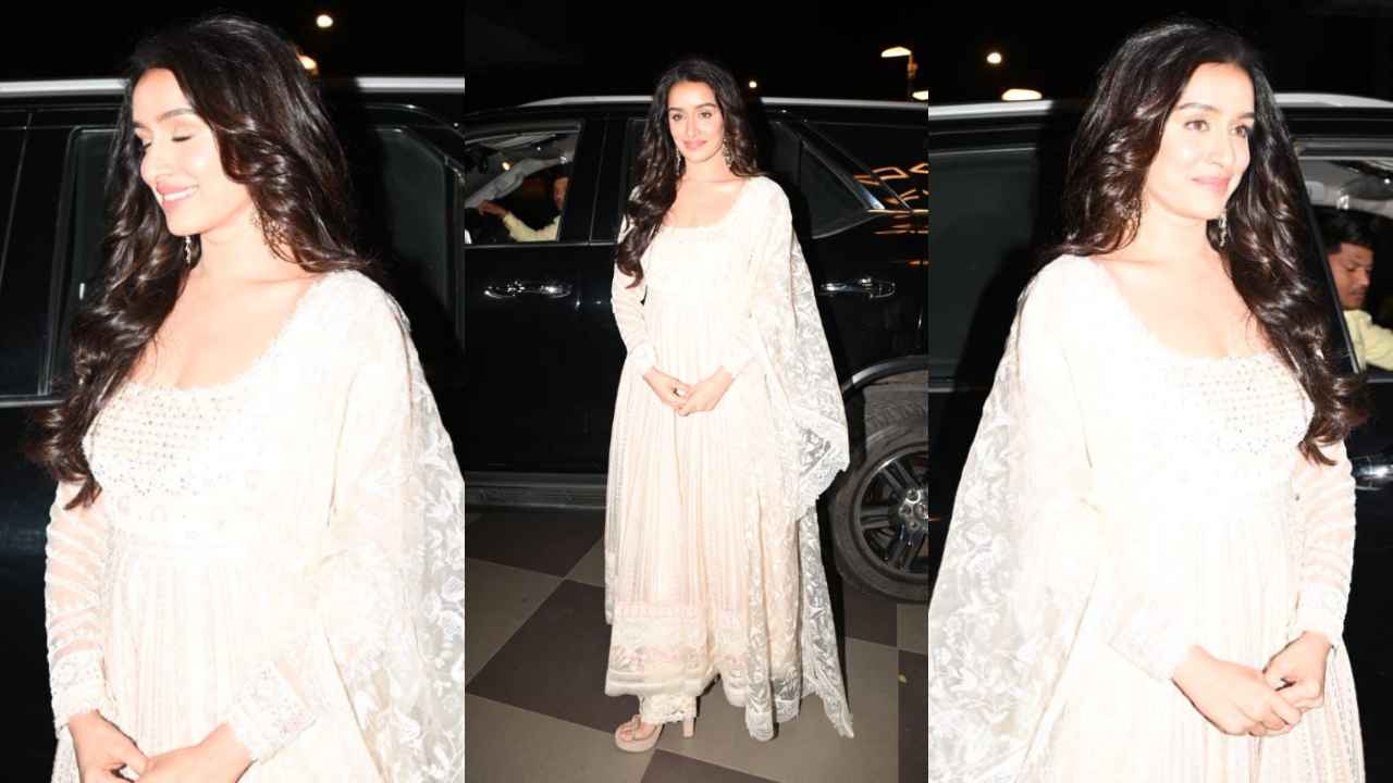 Shraddha Kapoor’s white Anarkali suit with floral embroidered dupatta proves that simplicity always takes the crown (PC: Viral Bhayani)