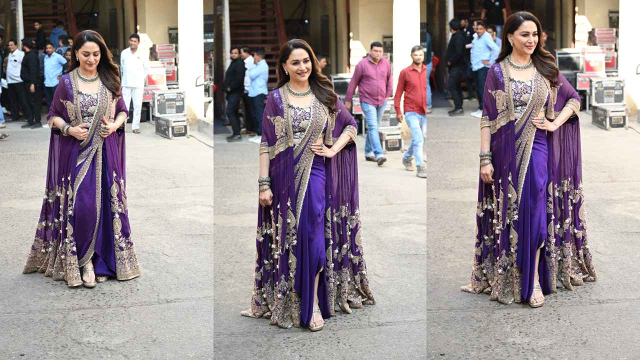 Madhuri Dixit gives Nisha vibes in purple saree with matching cape ...
