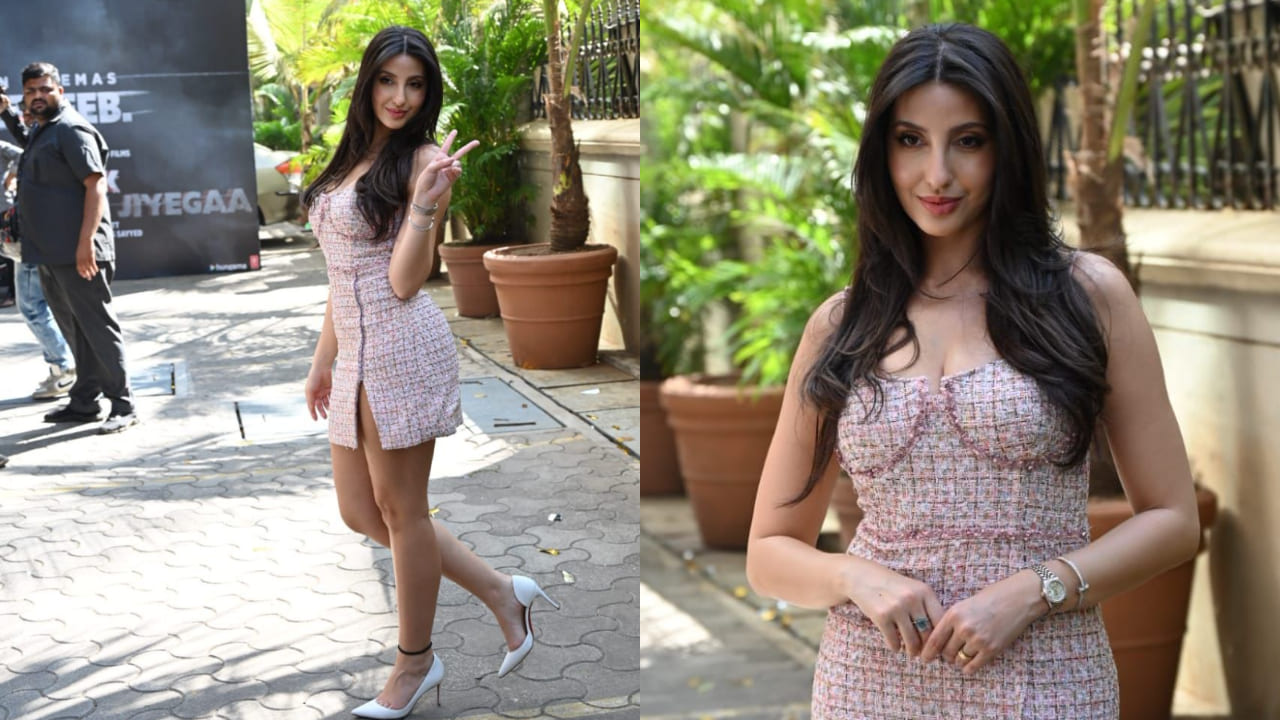 Nora Fatehi in pink mini dress and jacket and accessories