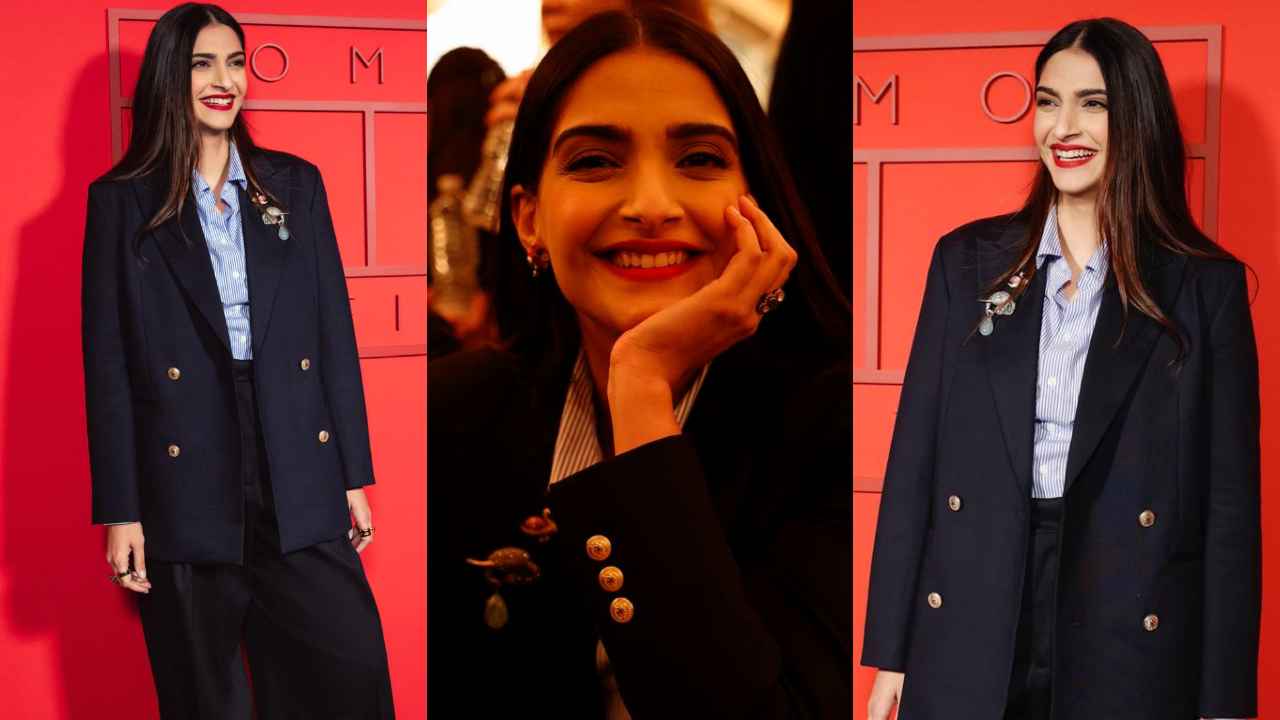 Sonam Kapoor jumps on mob wife aesthetic for New York Fashion Week in black pantsuit with OG pinstriped shirt (PC: Sonam Kapoor Ahuja Team)
