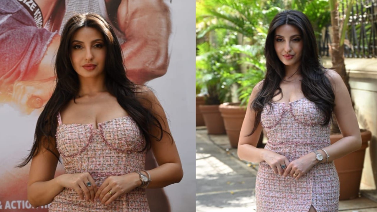 Nora Fatehi masters the art of layering in a rhinestone-embellished mini dress with a cropped jacket
