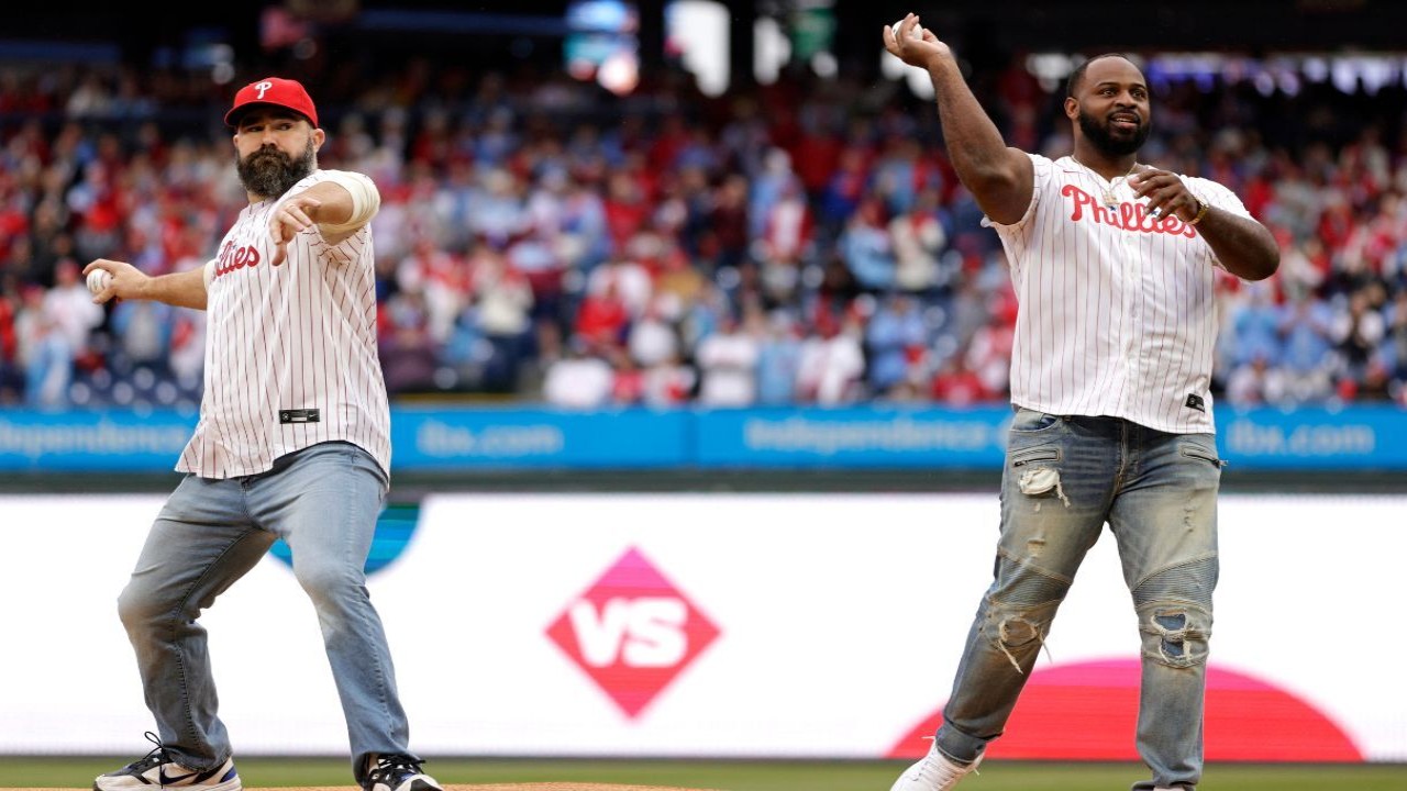 Recently retired Philadelphia Eagles legends Jason Kelce and Fletcher Cox throw out the first pitch 