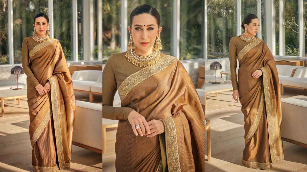 Karisma Kapoor wears brown silk Sabyasachi saree with gold embroidery for Anant Ambani’s pre-wedding (PC: Karisma Kapoor Instagram)