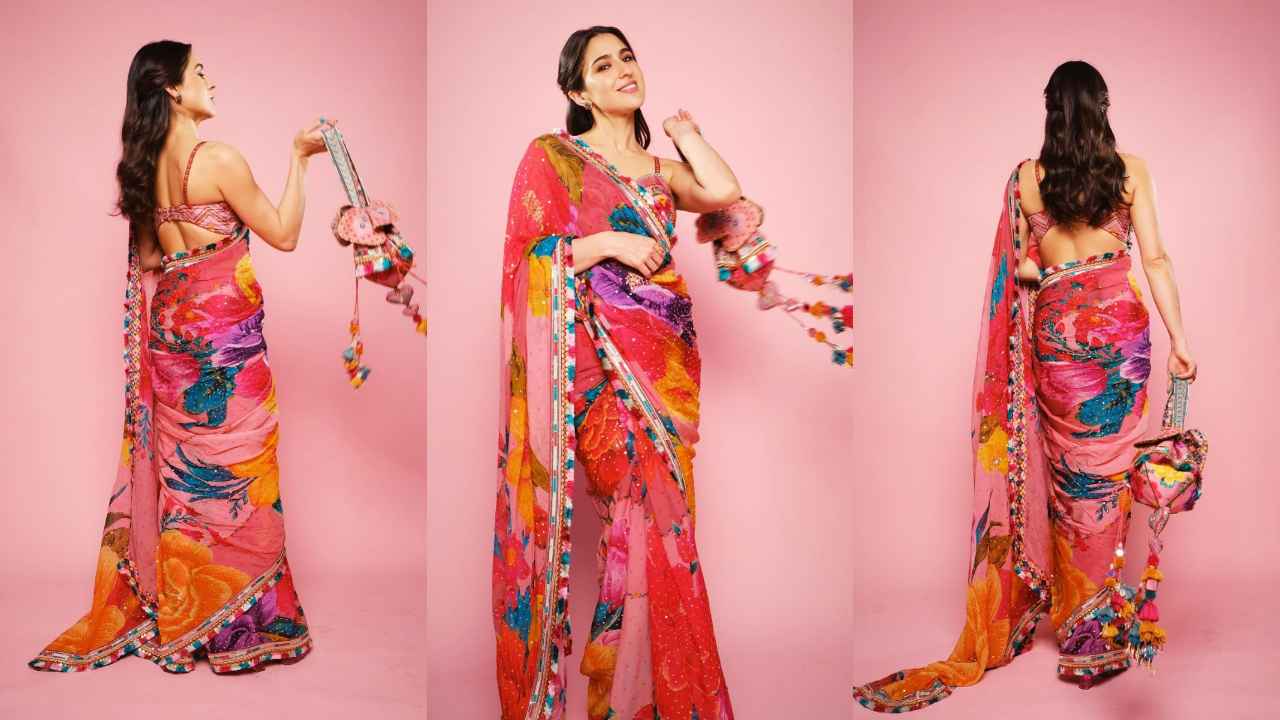Sara Ali Khan embraces the power of vibrant colors in a floral saree with potli bag | PINKVILLA