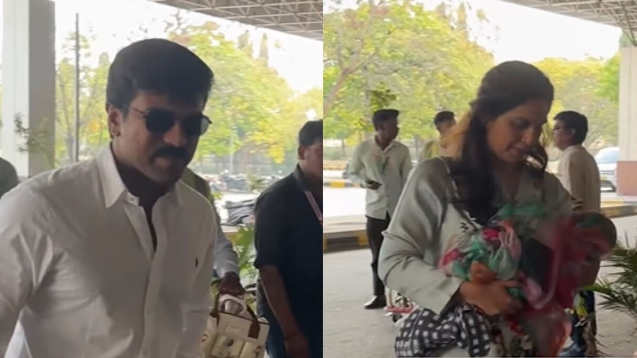 Ram Charan clicked with wife Upasana, daughter Klin Kaara as they jet off from Hyderabad ahead of his birthday