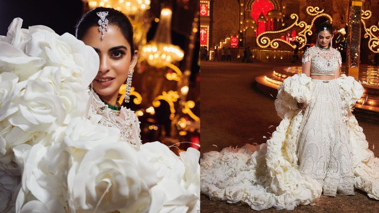 Isha Ambani styles her final lehenga look for Anant Ambani's pre-wedding gala with dramatic handmade rosette cape