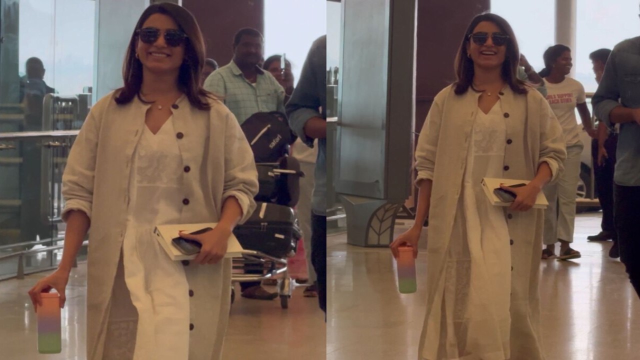 Samantha nails airport look in a comfy oversized white dress 