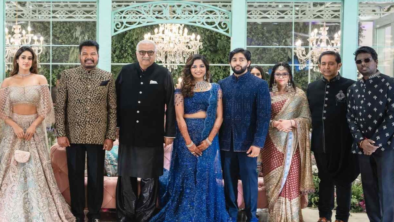 PICS: Janhvi Kapoor poses with father Boney Kapoor, director Atlee at Aishwarya Shankar's grand wedding reception