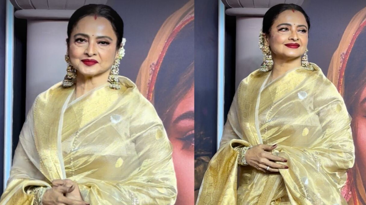 Evergreen style icon Rekha is a portrait of elegance in an exquisite gold silk saree at Heeramandi premier