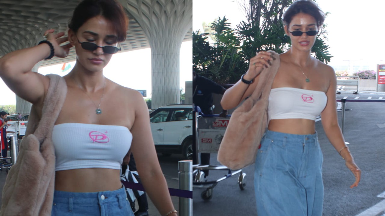 Disha Patani's airport look featuring a bandeau top and denim jeans ticks all the boxes of airport fashion