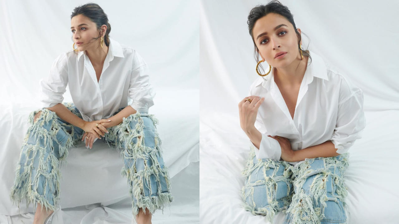 Alia Bhatt in crisp white shirt and denim pants 
