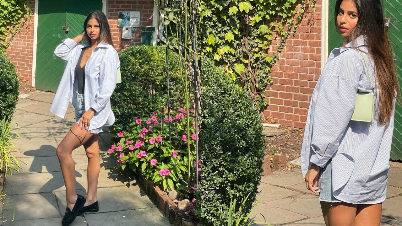 Suhana Khan in oversized shirt and denim shorts 