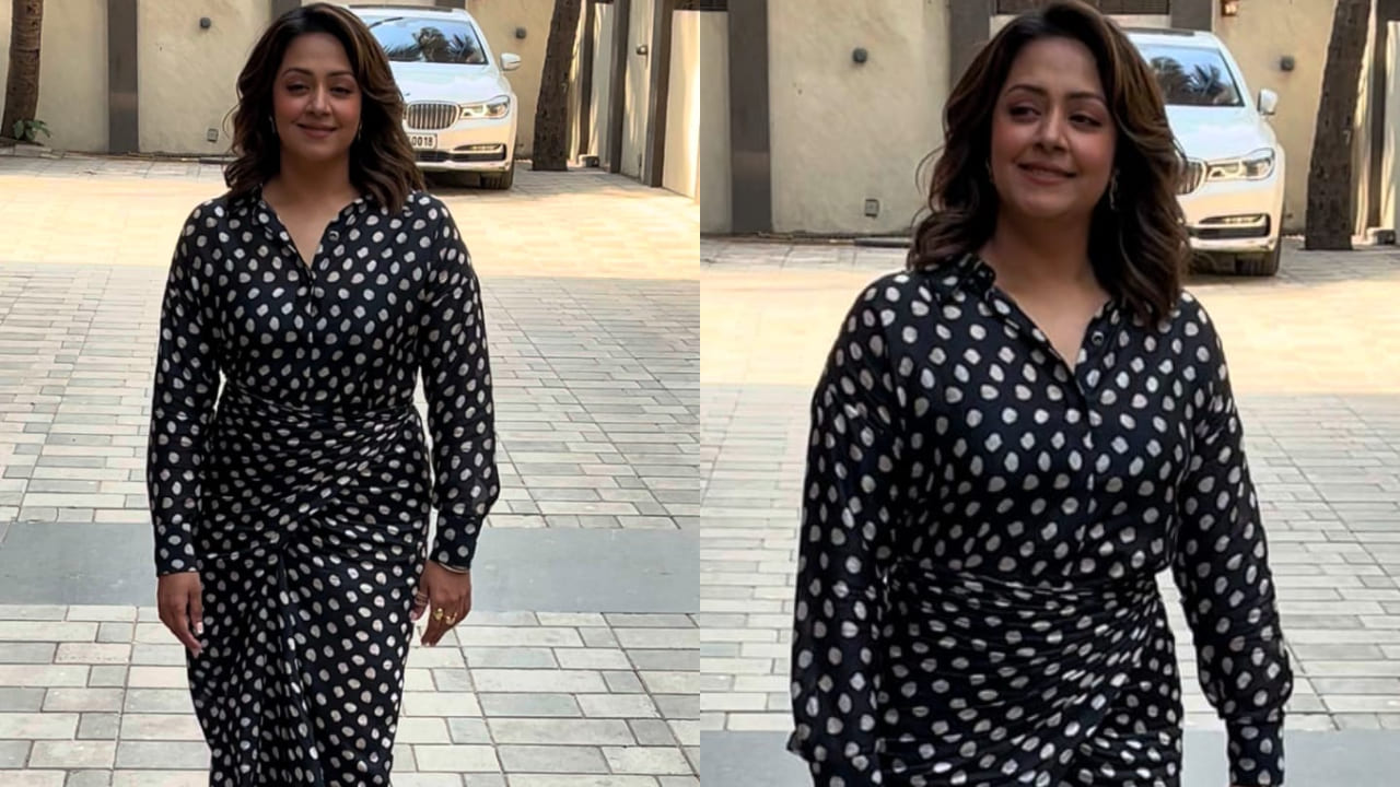 Jyothika wearing black and white polka dot dress 
