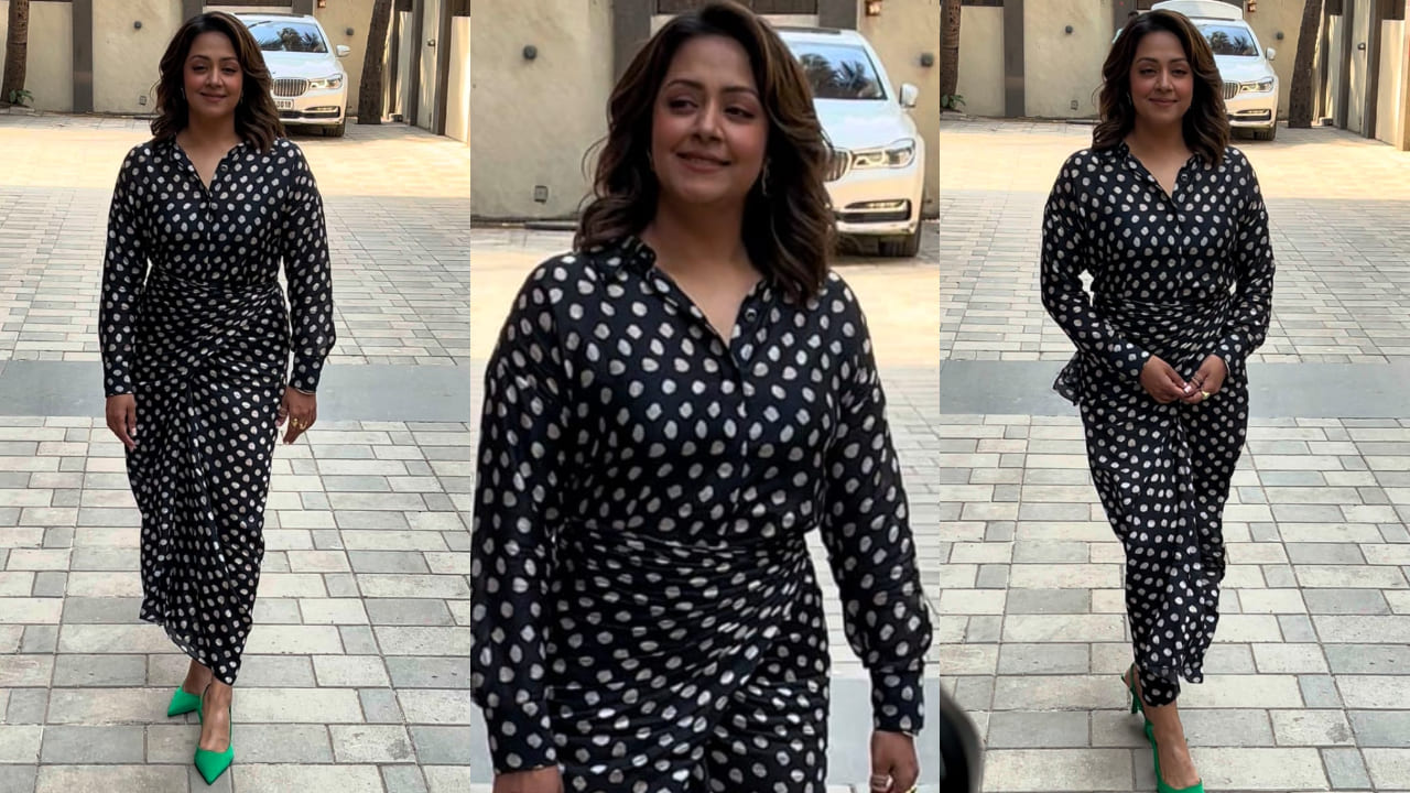 Jyothika wearing black and white polka dot dress 