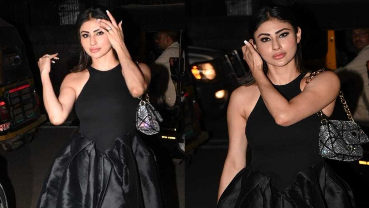 Mouni Roy turns heads in Balenciaga boots, opts for monotone black voluminous outfit for dinner party