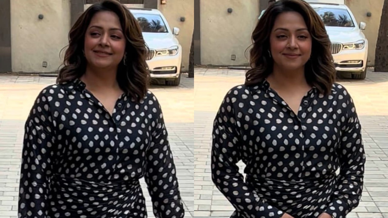 Jyothika wearing black and white polka dot dress ( pc: Viral Bhayani) Jyothika wearing black and white polka dot dress