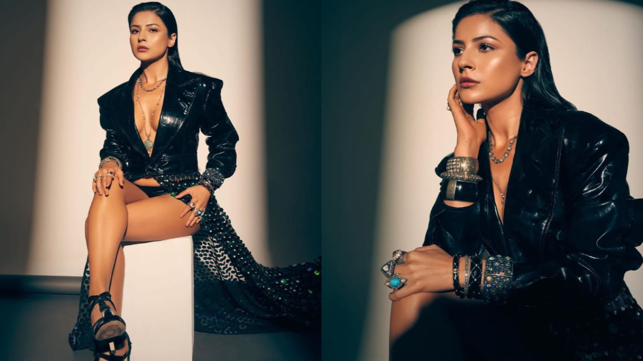 Shehnaaz Gill looks unapologetically fierce in an all-black outfit ft latex jacket with trail - 