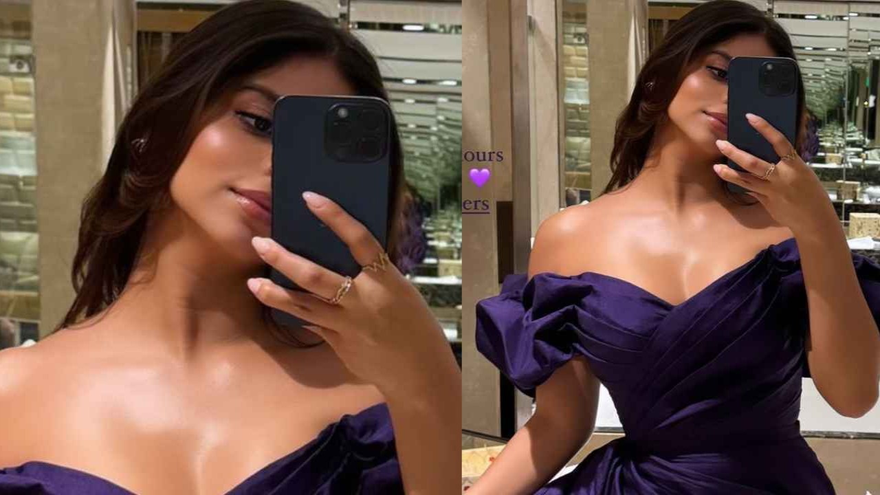 Suhana Khan takes ‘KKR colors’ to the next level in off-the-shoulder purple mini dress with dramatic train