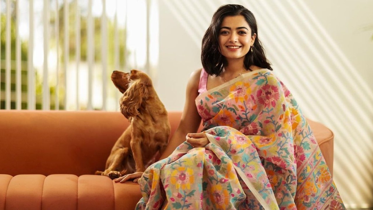 Rashmika Mandanna is ‘elegance meet cute’ as she flaunts vibrant floral saree look; poses with her dog
