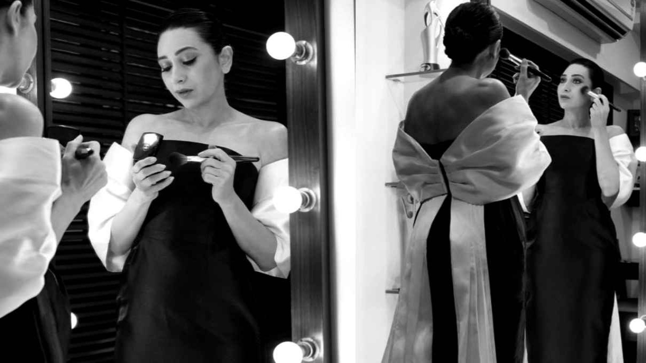 Karisma Kapoor channels old Hollywood charm in black and white monochromatic gown with elegant bow-like train