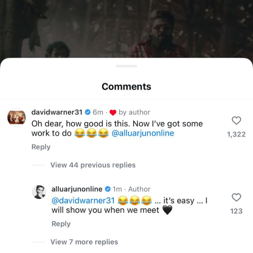 David Warner's comment on Allu Arjun's new post (PC: Allu Arjun, Instagram)