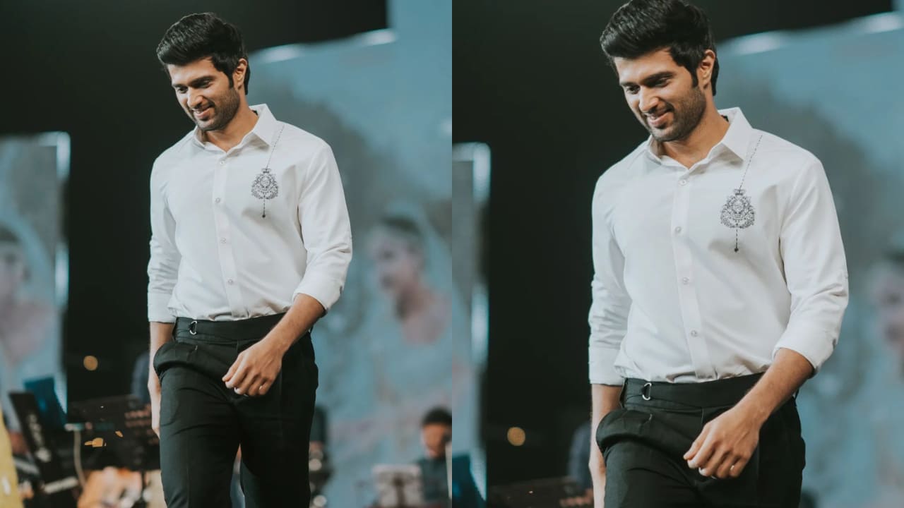 Vijay Deverkonda in black pants and white shirt
