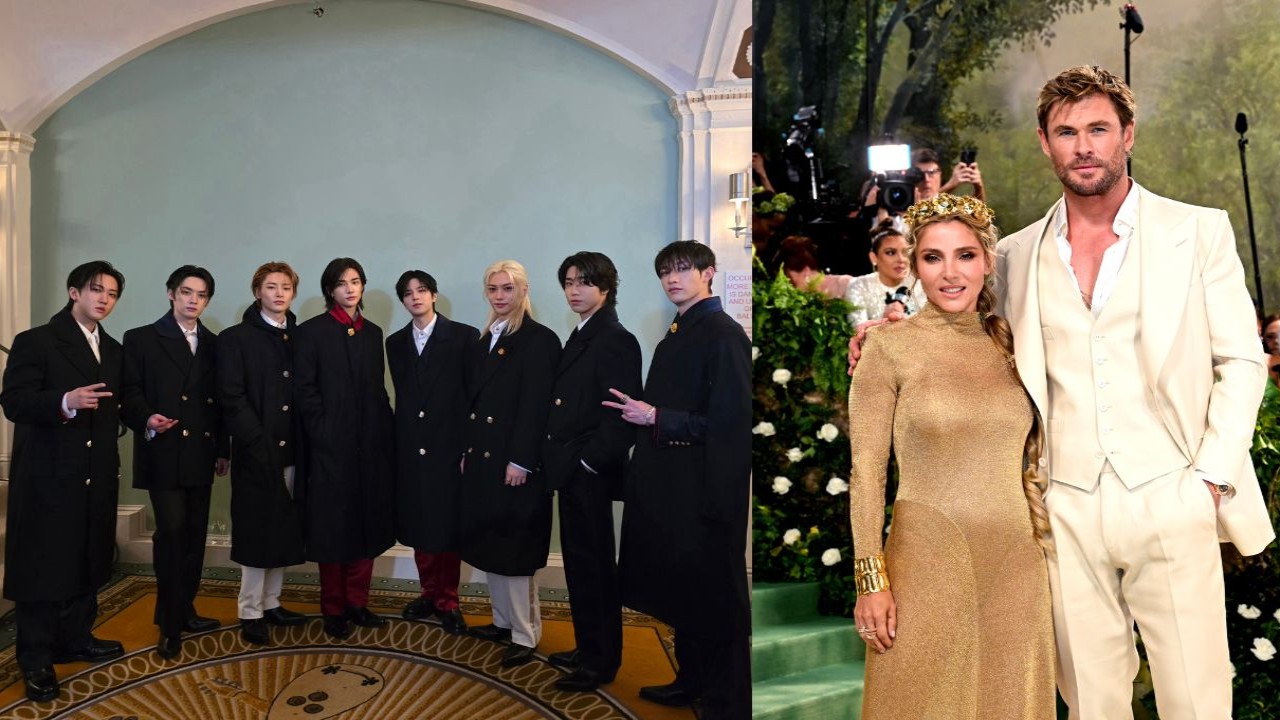Stray Kids at the Met Gala: Stray Kids' Twitter,  Chris Hemsworth and Elsa Pataky: Getty Images