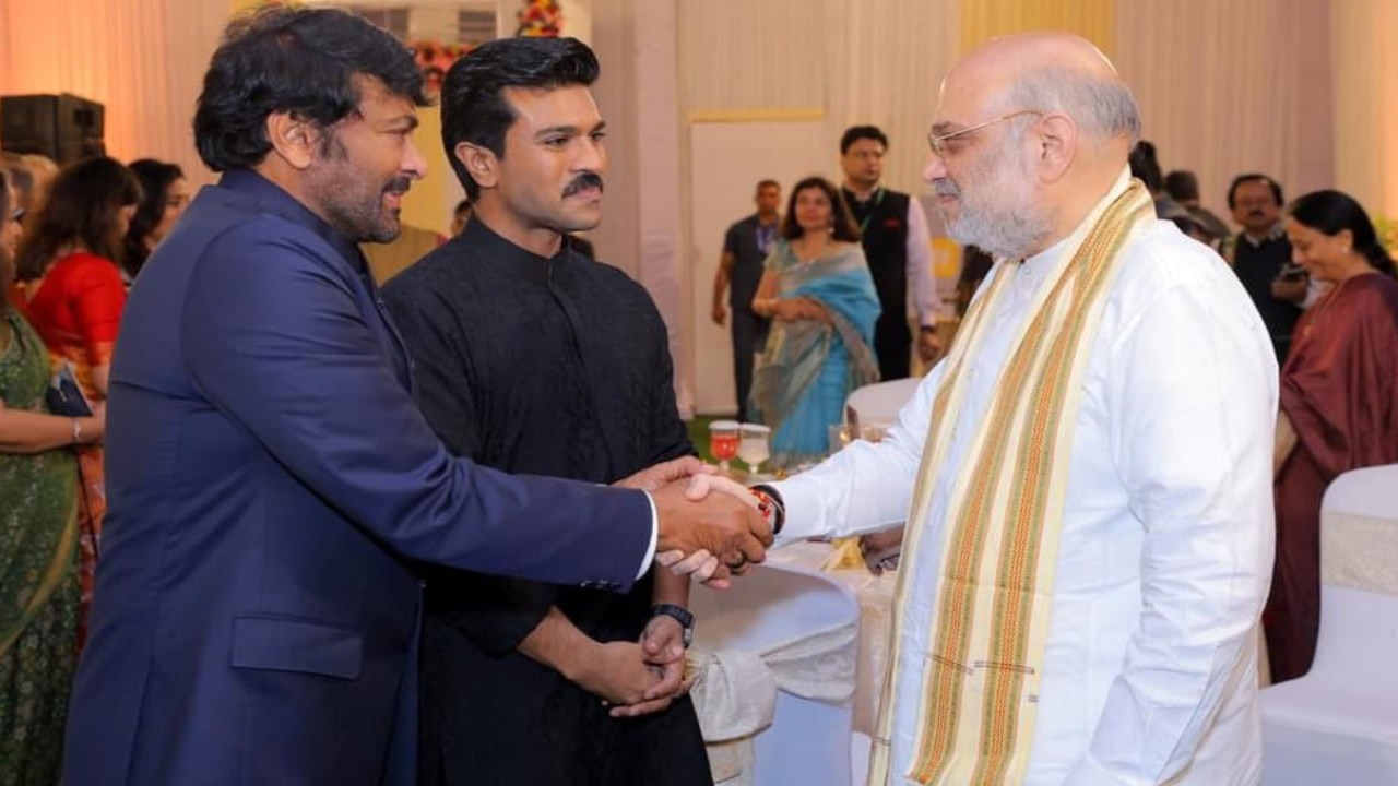 Chiranjeevi and Ram Charan greet Home Minister Amit Shah at Padma Awards event
