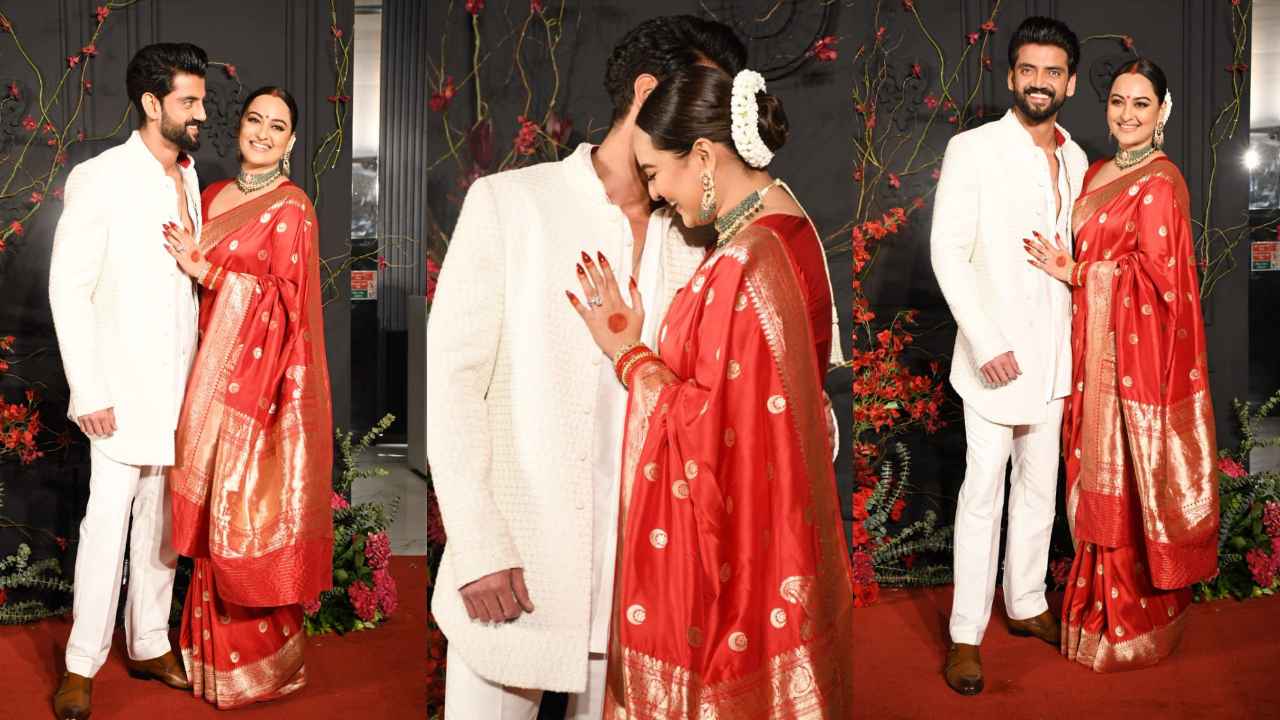New bride Sonakshi Sinha expresses love for drapes in Raw Mango’s Chand Buta Varanasi silk saree (PC: Viral Bhayani, Varinder Chawla)