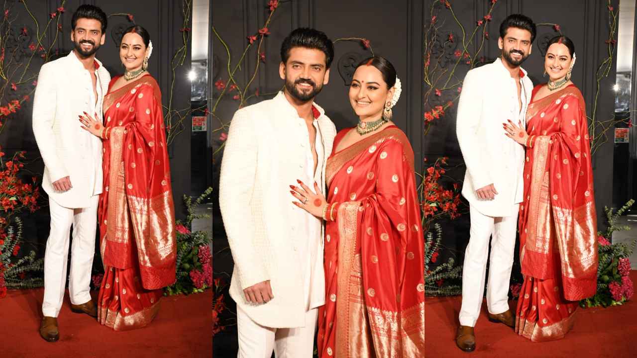 New bride Sonakshi Sinha expresses love for drapes in Raw Mango’s Chand Buta Varanasi silk saree (PC: Viral Bhayani, Varinder Chawla)