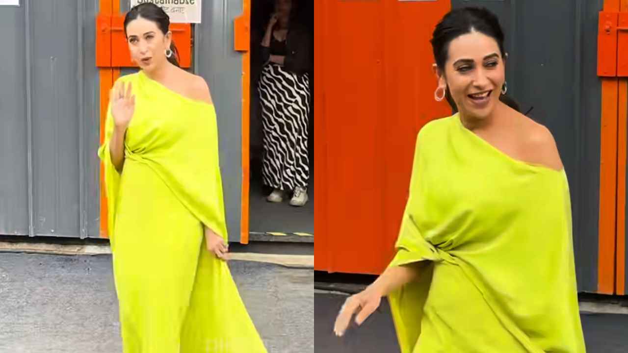 Karisma Kapoor embraces power of neon colors in asymmetrical gown with elegant front drape and long cape (PC: Pinkvilla Instagram)