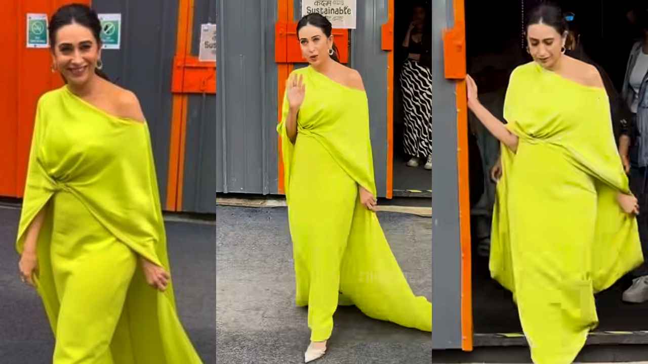 Karisma Kapoor embraces power of neon colors in asymmetrical gown with elegant front drape and long cape (PC: Pinkvilla Instagram)