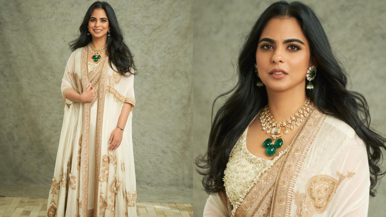 Isha Ambani in an ivory cape saree ensemble (PC: Instagram)