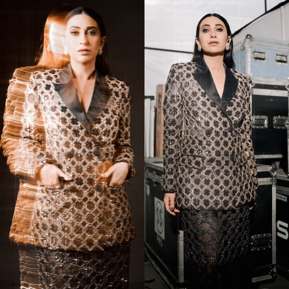 Karisma Kapoor shines brighter than starry night in black netted dress and blazer from Rahul Mishra