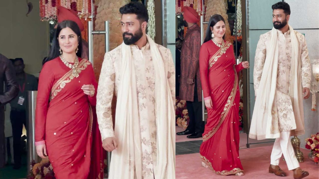 Katrina Kaif and Vicky Kaushal are a regal couple in red and ivory (PC: Viral Bhayani)