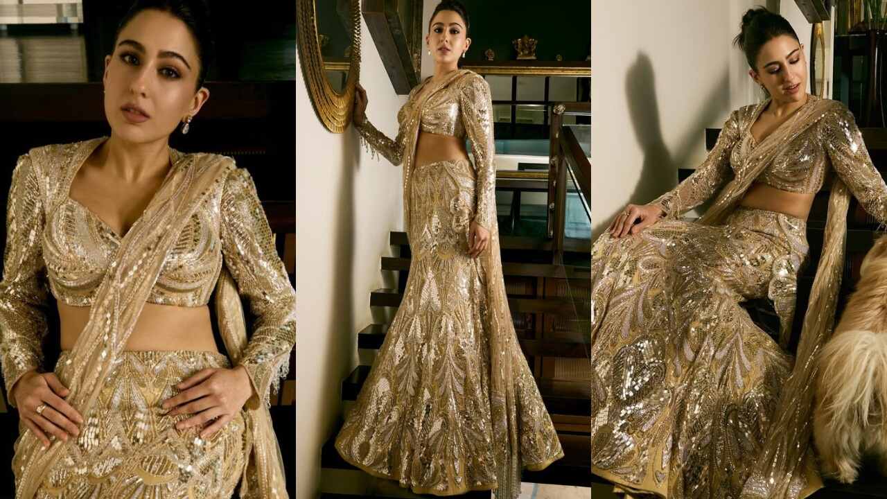 Sara Ali Khan's golden sequinned lehenga-cum-saree look (PC: Sara Ali Khan's Instagram)
