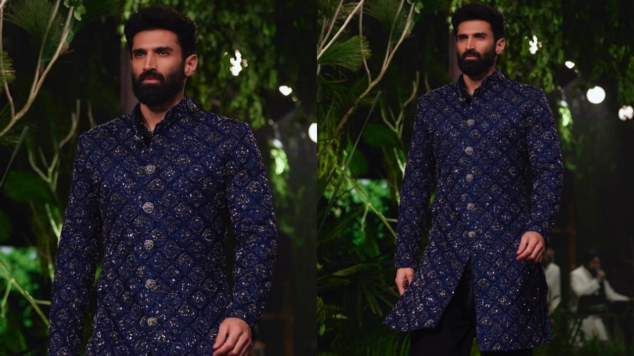 Aditya Roy Kapur in navy blue sherwani by Kunal Rawal 