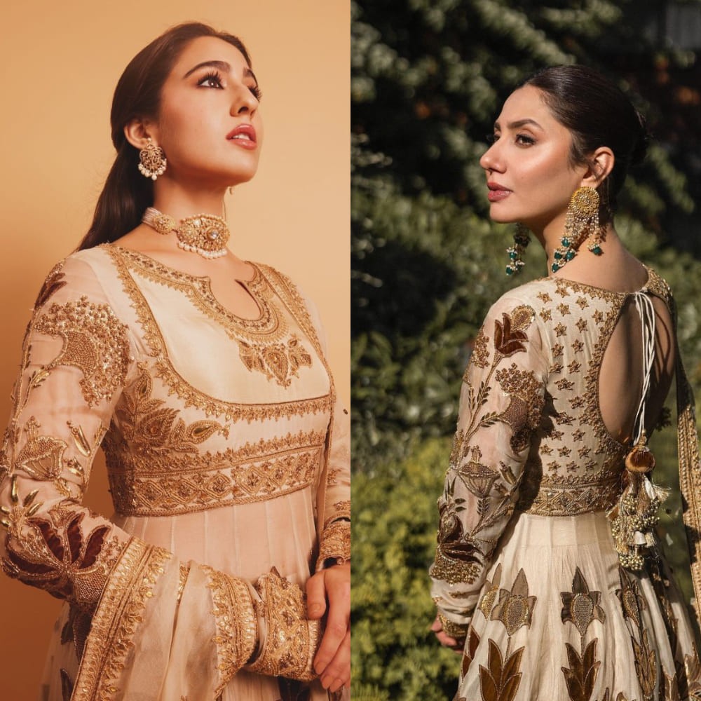 Fashion Face-Off: Sara Ali Khan or Mahira Khan, who do you think styled Iqbal Hussain’s ivory and gold Anarkali set better?  Fashion Face-Off: Sara Ali Khan or Mahira Khan, who do you think styled Iqbal Hussain’s ivory and gold Anarkali set better?