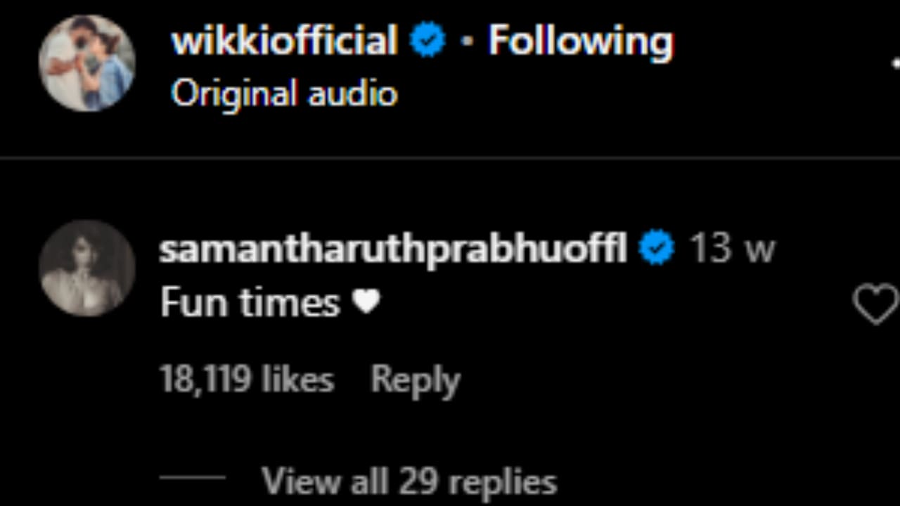 Samantha Ruth Prabhu's comment (PC: Vignesh Shivan, Instagram)