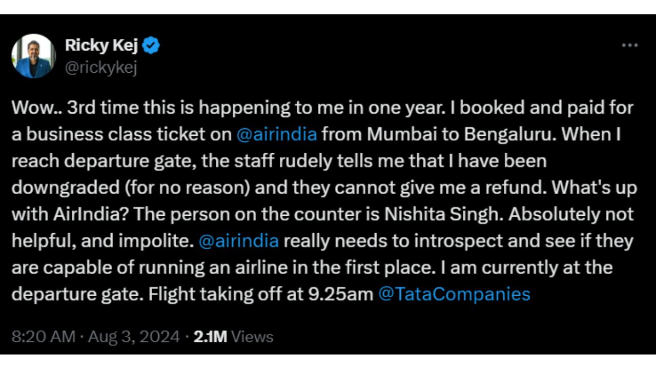 Ricky Kej's tweet against Air India