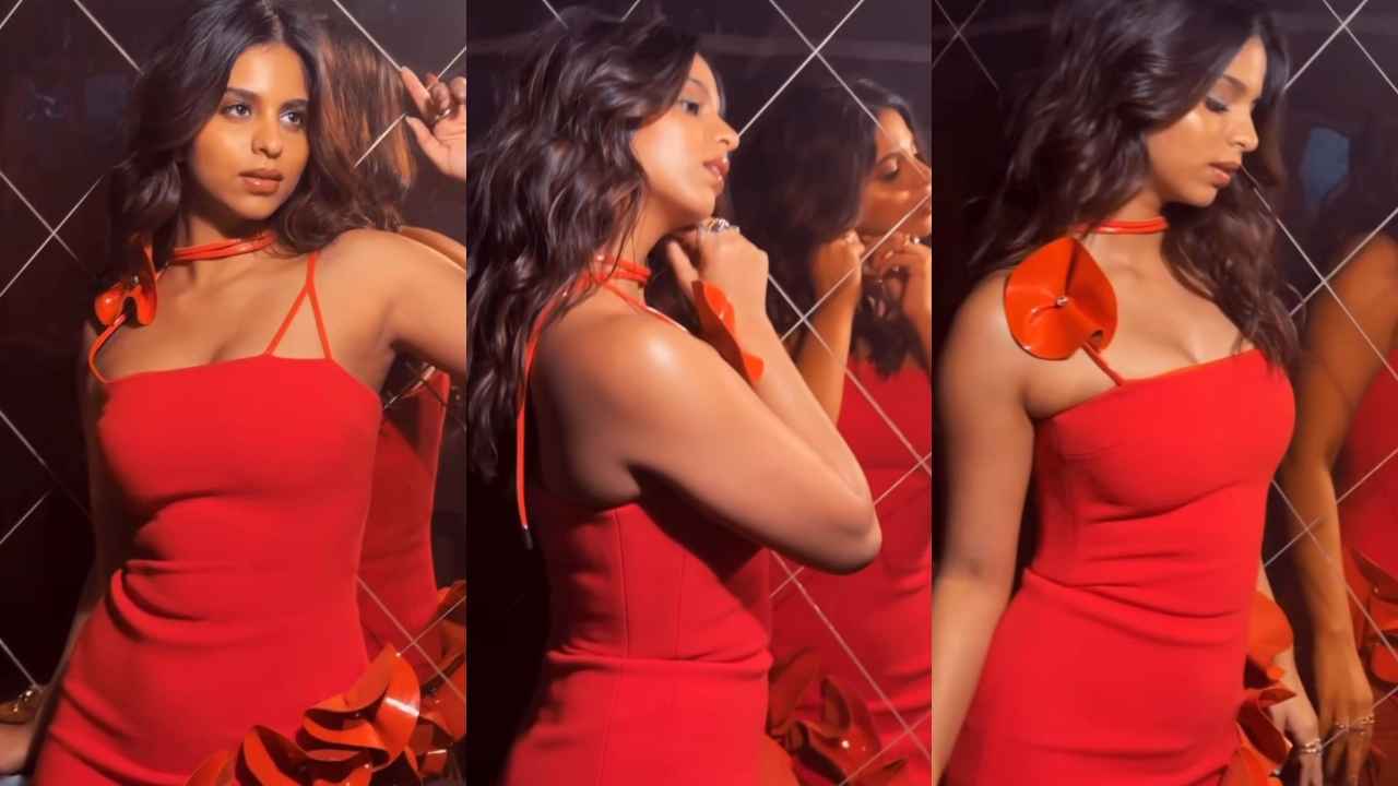 Suhana Khan sparkles with fiery flair in a fashionably fabulous red mini-dress with trendy leather twists (PC: Lakshmi Lehr Instagram)