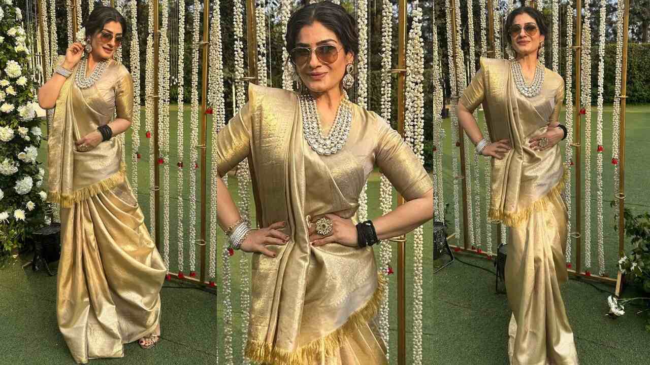 Raveena Tandon's golden Kanjeevaram saree look (PC: Raveena Tandon's Instagram)