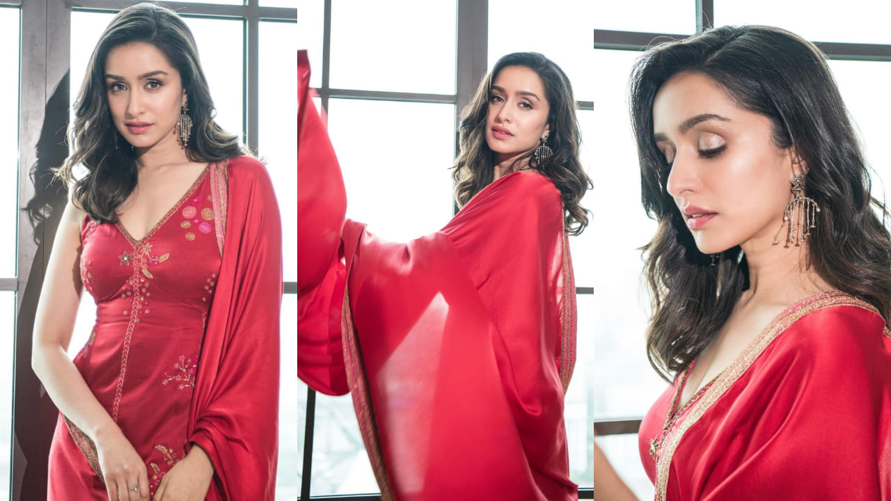 Shraddha Kapoor in red floral embroidered suit ( PC: Rishabh Kumar/ Shraddha Kapoor) 