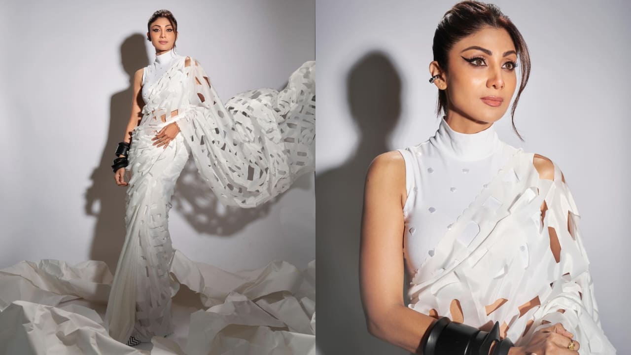 Shilpa Shetty in white laser cut saree